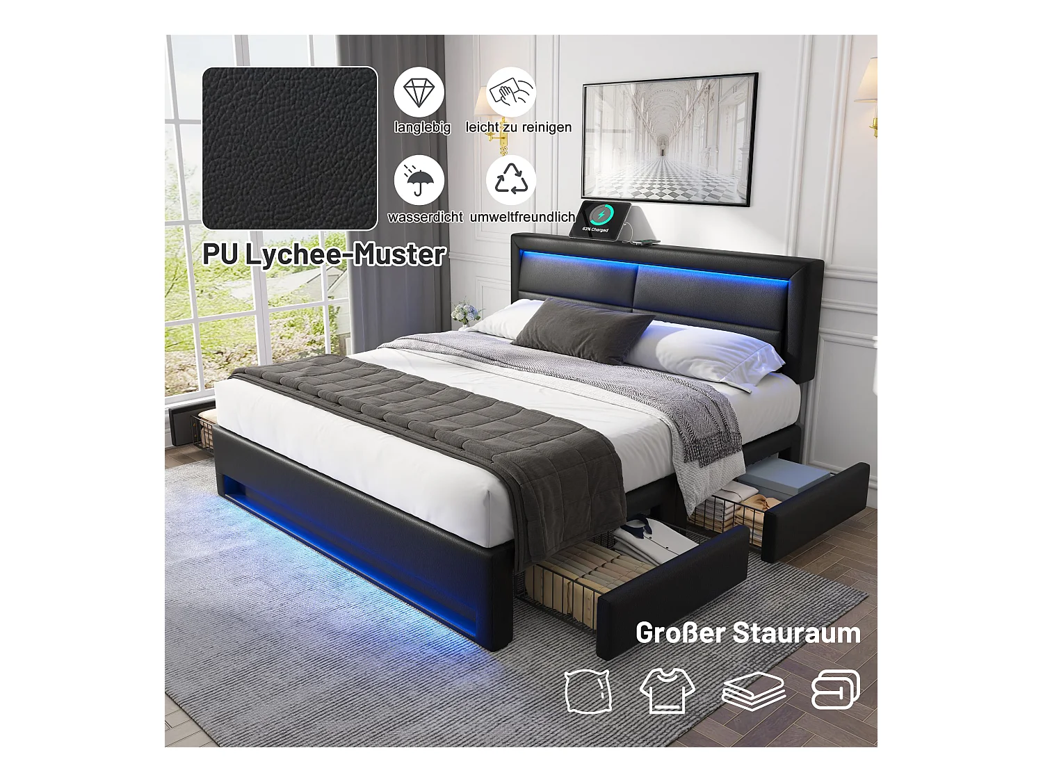 Lit capitonné 140x190cm avec port USB (prend en charge le chargement sans fil et filaire)