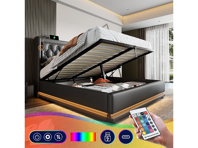 Cama de casal estofada,160 x 200 cm,material PU preto,com função de carregamento USB Tipo C