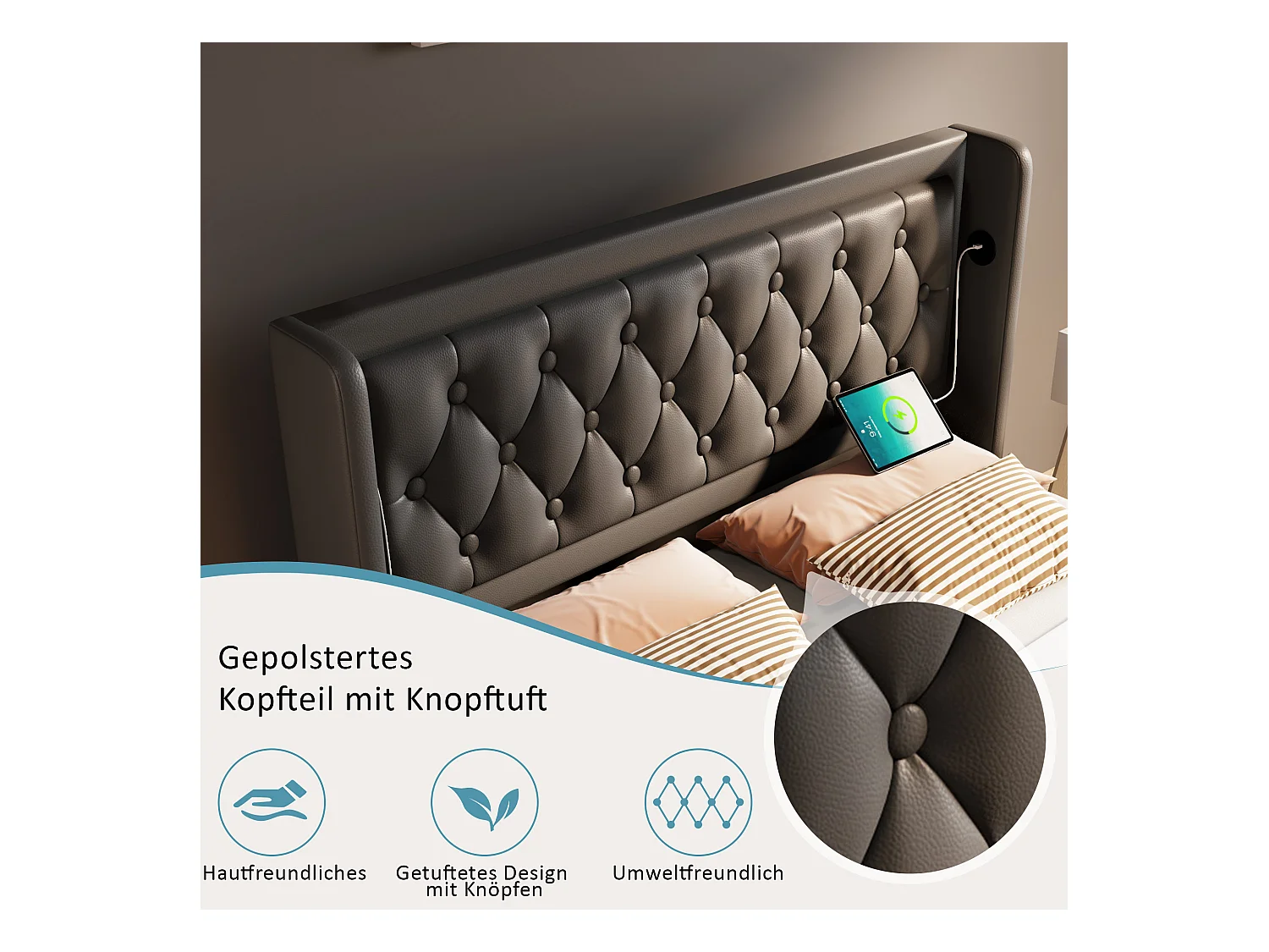 Lit double rembourré 160*200 cm, matériau PU noir,avec fonction de charge USB Type-C