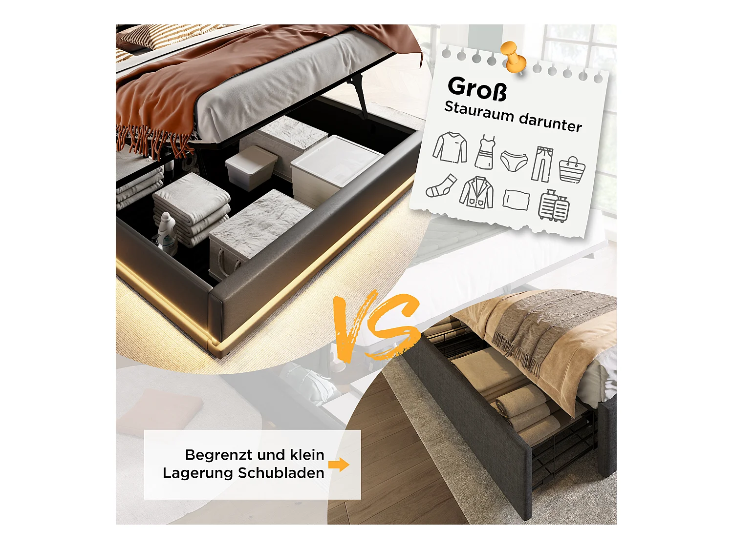 Gepolstertes Doppelbett 160×200 cm, schwarzes PU-Material, mit USB-C-Ladefunktion