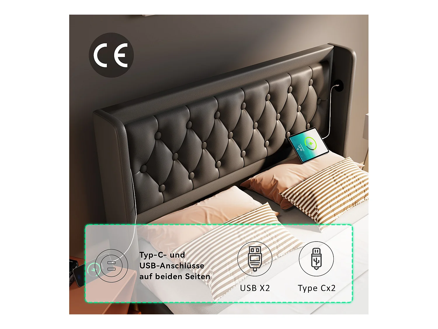 Gepolstertes Doppelbett 160×200 cm, schwarzes PU-Material, mit USB-C-Ladefunktion
