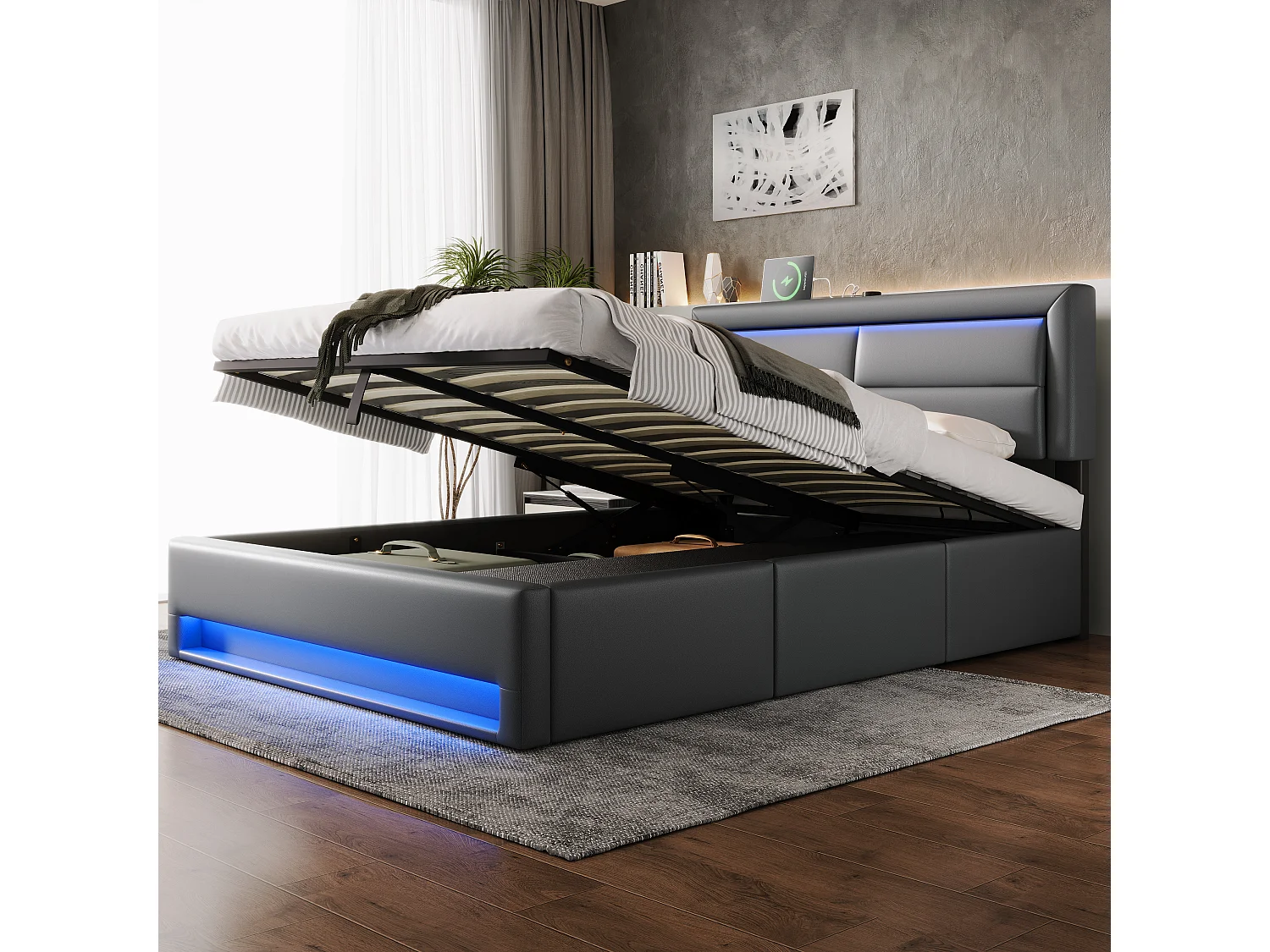 Cama tapizada de 140 x 190 cm,con puerto USB,iluminación LED y 3 cajones
