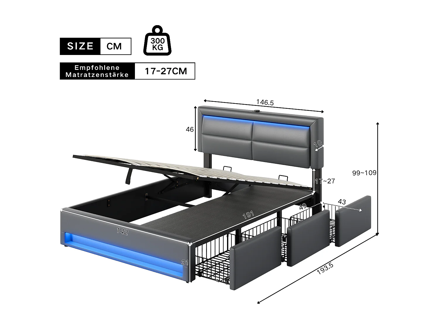 Cama tapizada de 140 x 190 cm,con puerto USB,iluminación LED y 3 cajones