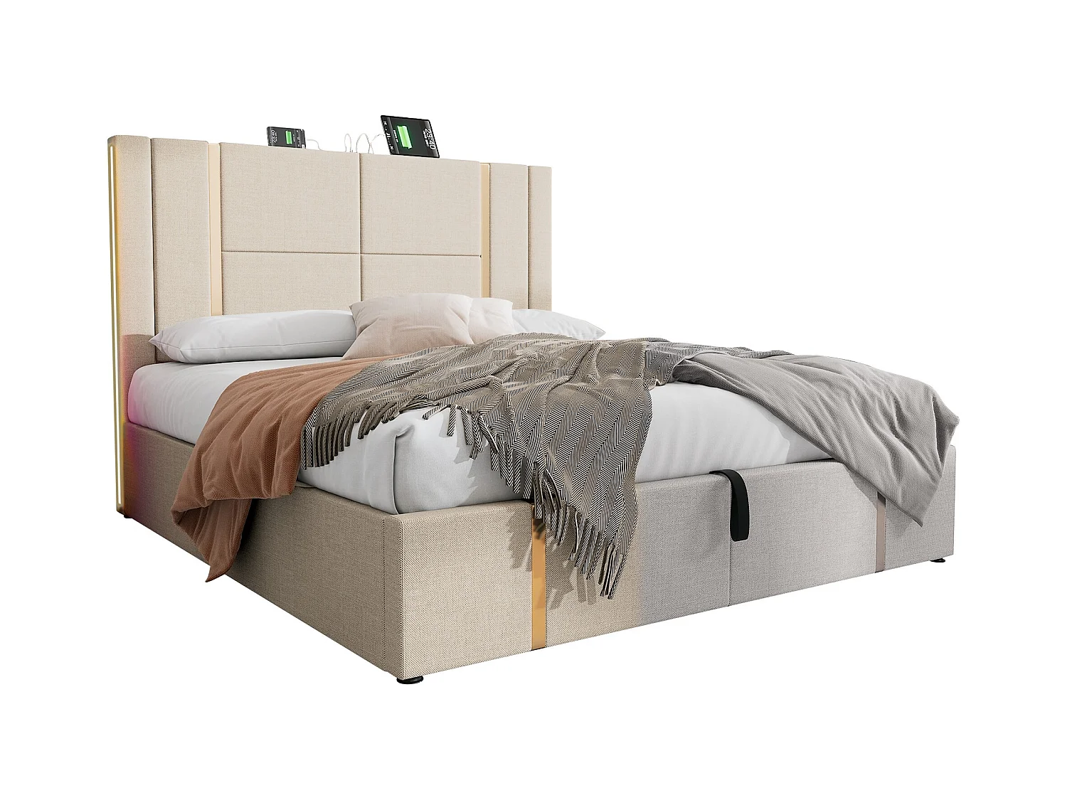 Gepolstertes Doppelbett mit USB Typ C Ladefunktion, APP-Steuerung, LED-Leuchten. 160×200 cm