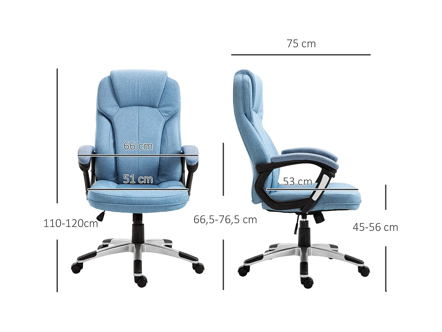 Ergonomische directiestoel, in hoogte verstelbaar, lichtblauwe linnen stof 66x75x110-120cm