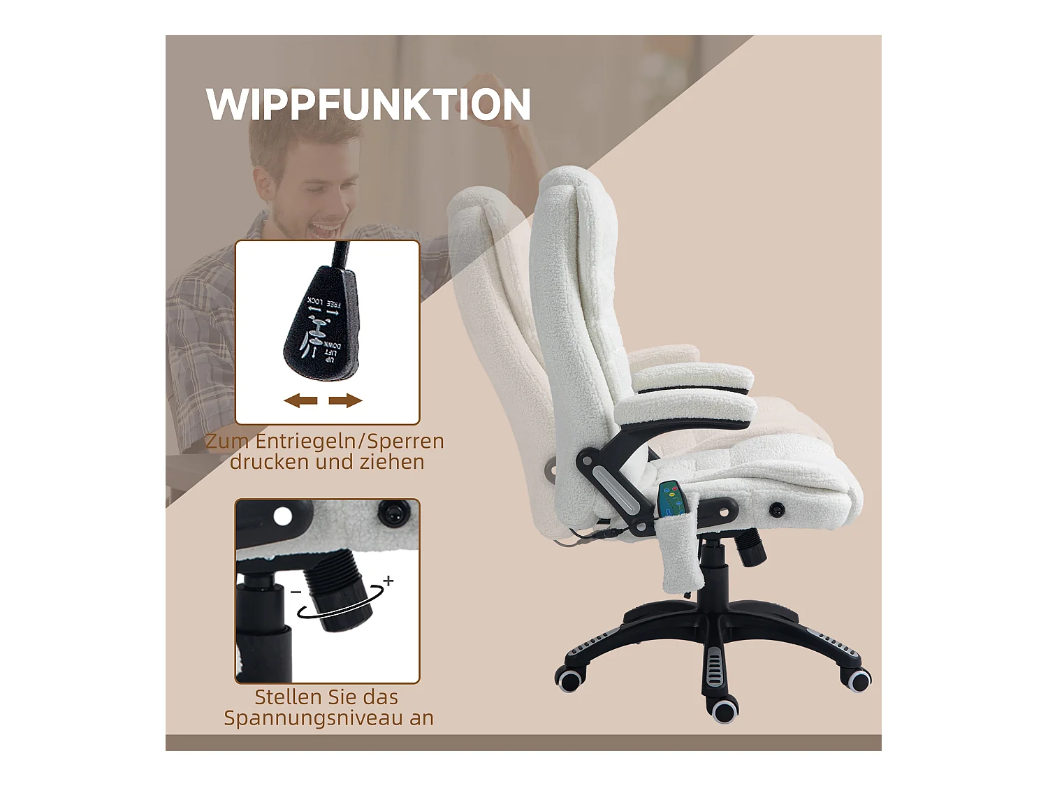 Massage-Bürostuhl, 67 x 74 x 107–116 cm, höhenverstellbar, Wippfunktion