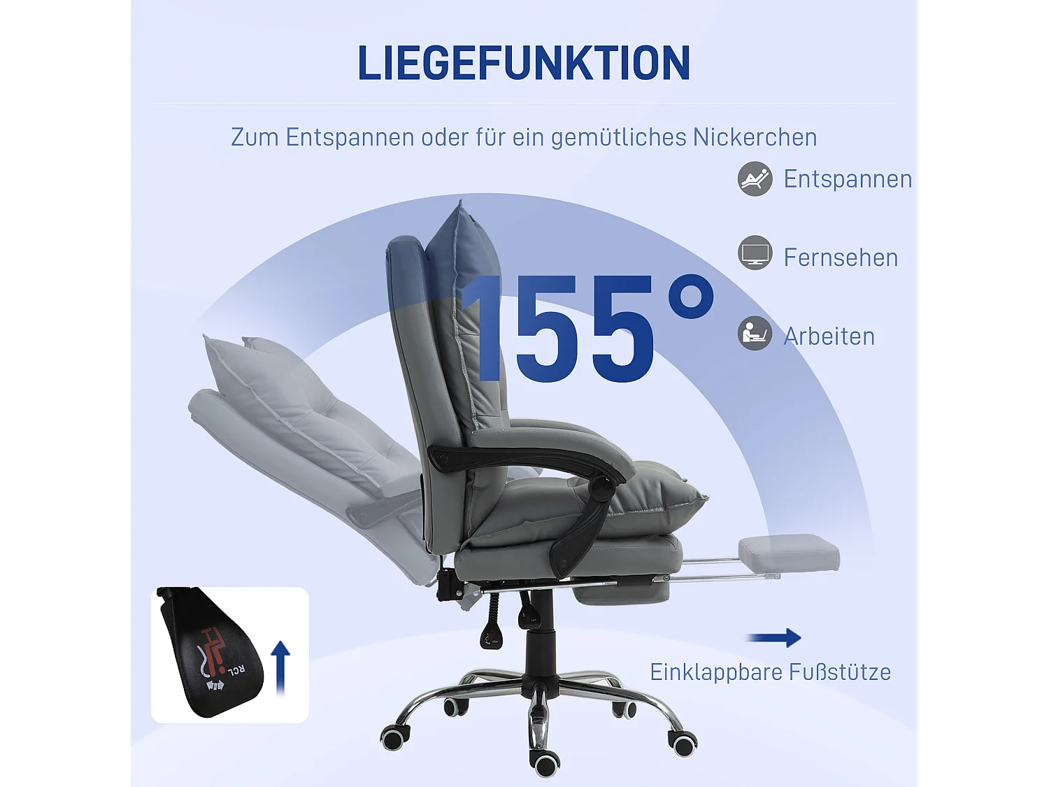 Chaise de bureau avec fonction allongée,réglable en hauteur,repose-pieds,rembourrée