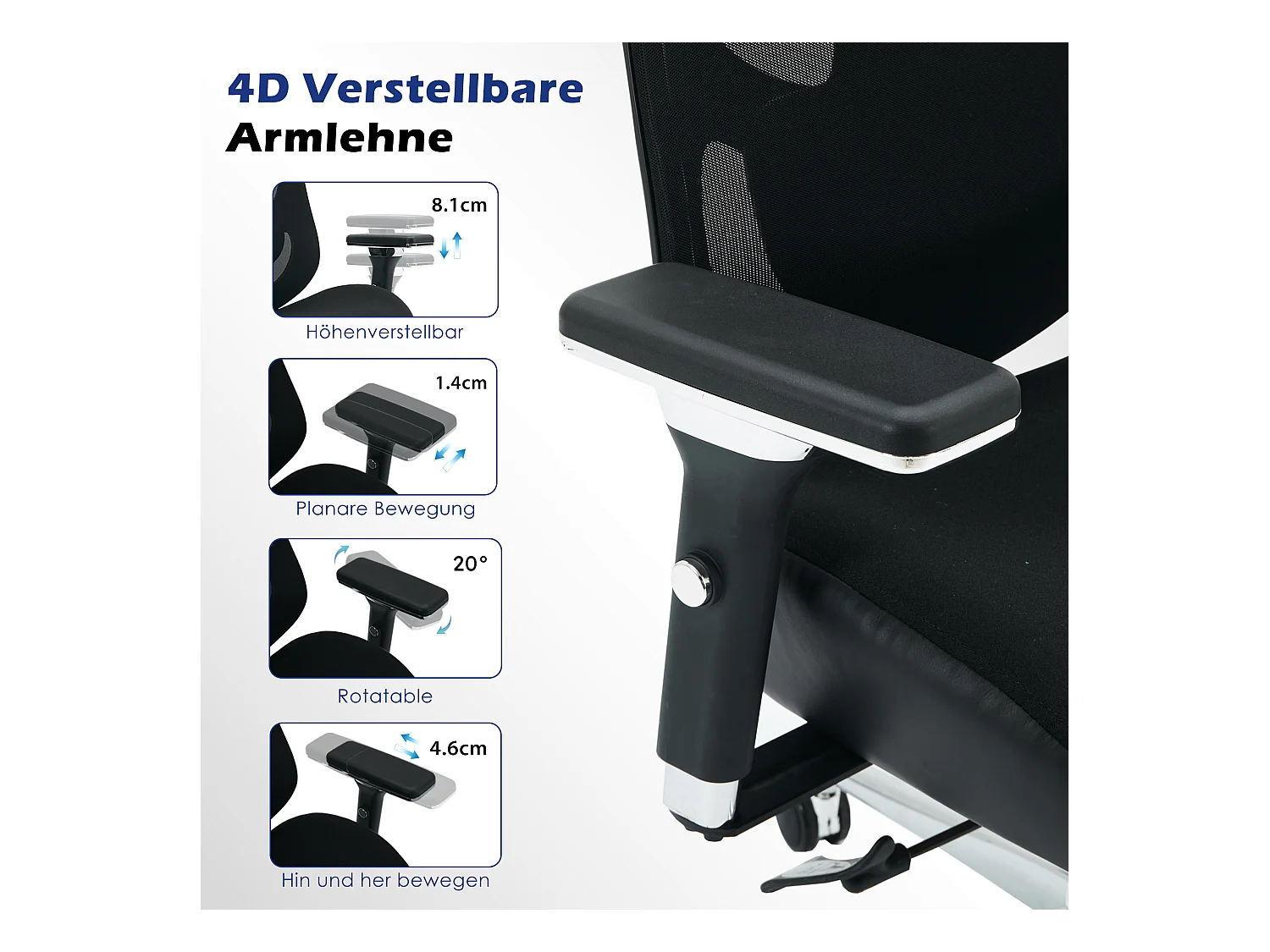 Chaise de bureau ergonomique avec accoudoirs 4D réglables,adaptée aux grandes tailles