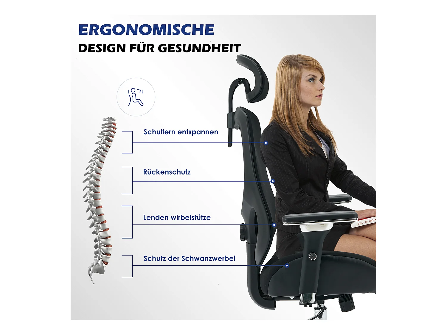 Ergonomische bureaustoel met 4D verstelbare armleuningen, geschikt voor lange mensen