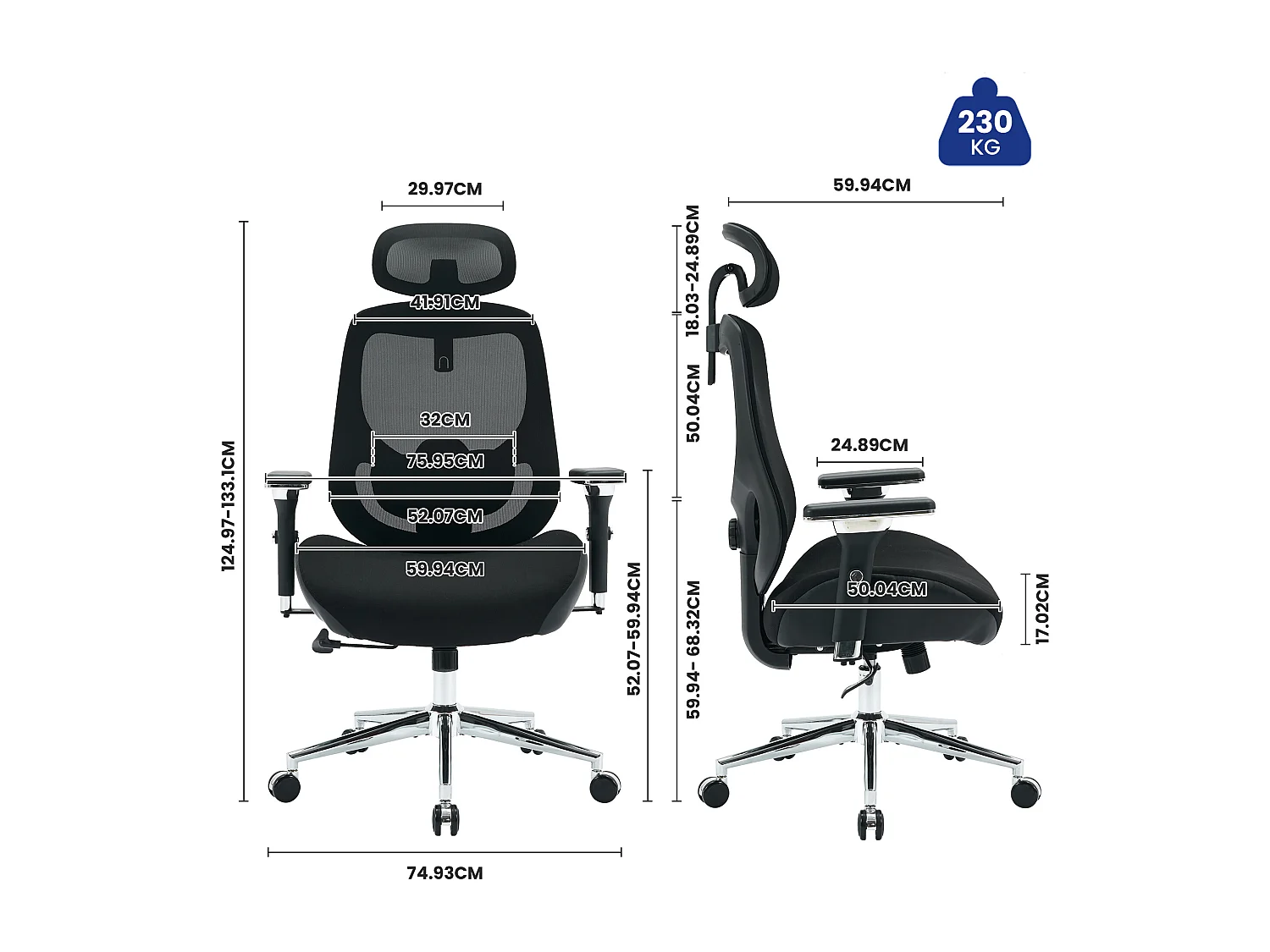Ergonomische bureaustoel met 4D verstelbare armleuningen, geschikt voor lange mensen