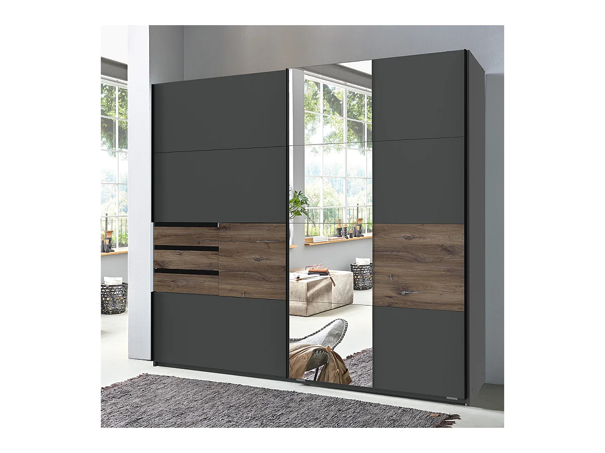 Armoire 2 portes coulissantes avec 1 miroir et  tiroirs L180 cm - BAMBERG