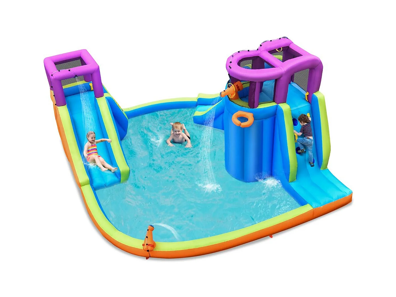 Parc Aquatique Gonflable Double Toboggan Aquatique avec 4 Arroseurs et 2 Pistolets à Eau et Piscine à Éclaboussures avec Mur d'Escalade