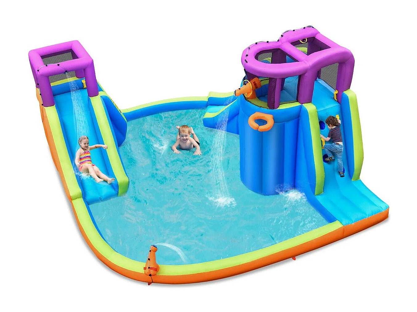 Parc Aquatique Gonflable Double Toboggan Aquatique avec 4 Arroseurs et 2 Pistolets à Eau et Piscine à Éclaboussures avec Mur d'Escalade