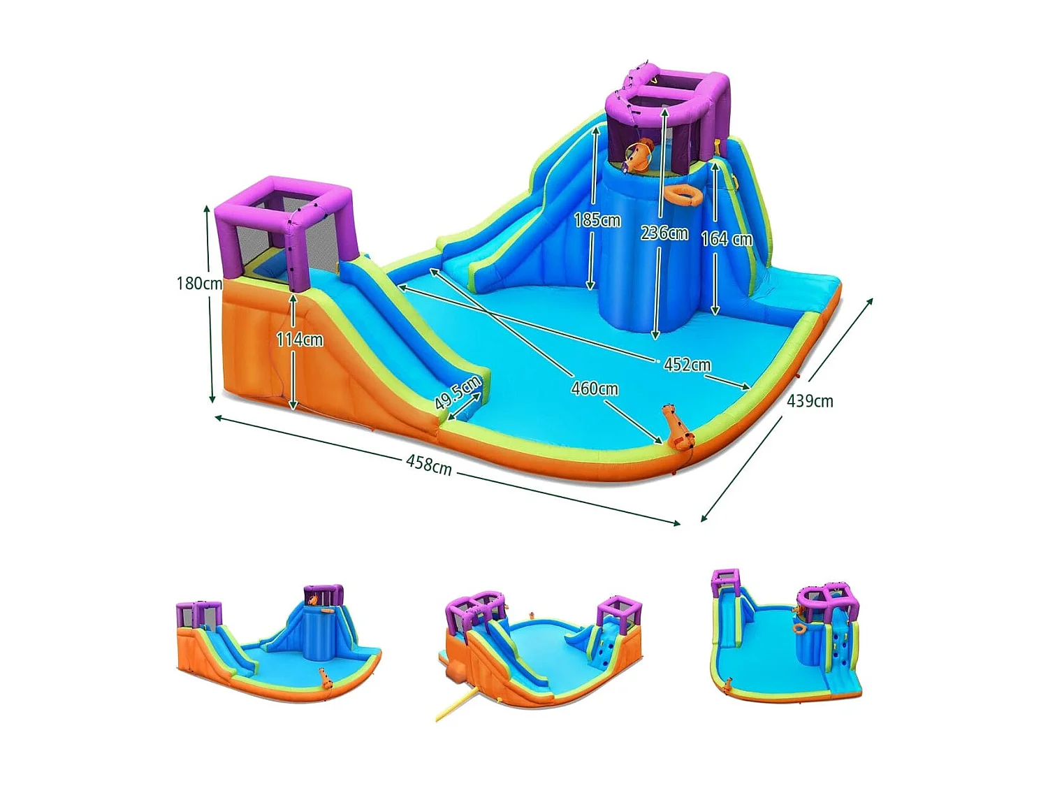 Parc Aquatique Gonflable Double Toboggan Aquatique avec 4 Arroseurs et 2 Pistolets à Eau et Piscine à Éclaboussures avec Mur d'Escalade