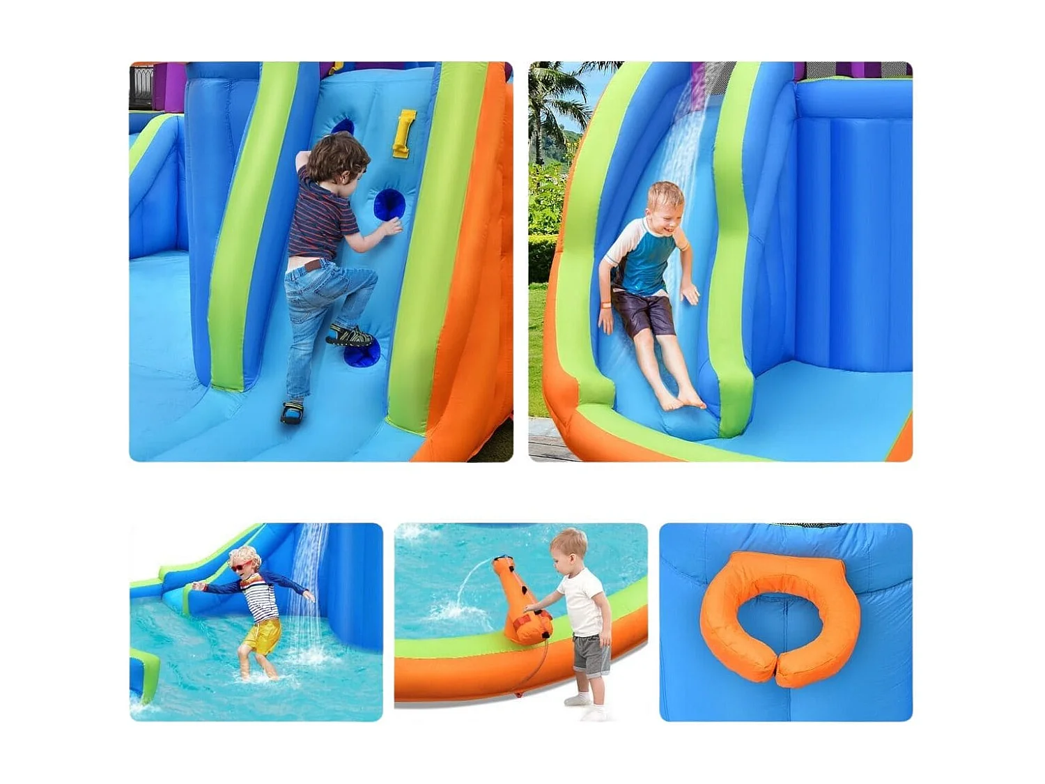 Parc Aquatique Gonflable Double Toboggan Aquatique avec 4 Arroseurs et 2 Pistolets à Eau et Piscine à Éclaboussures avec Mur d'Escalade