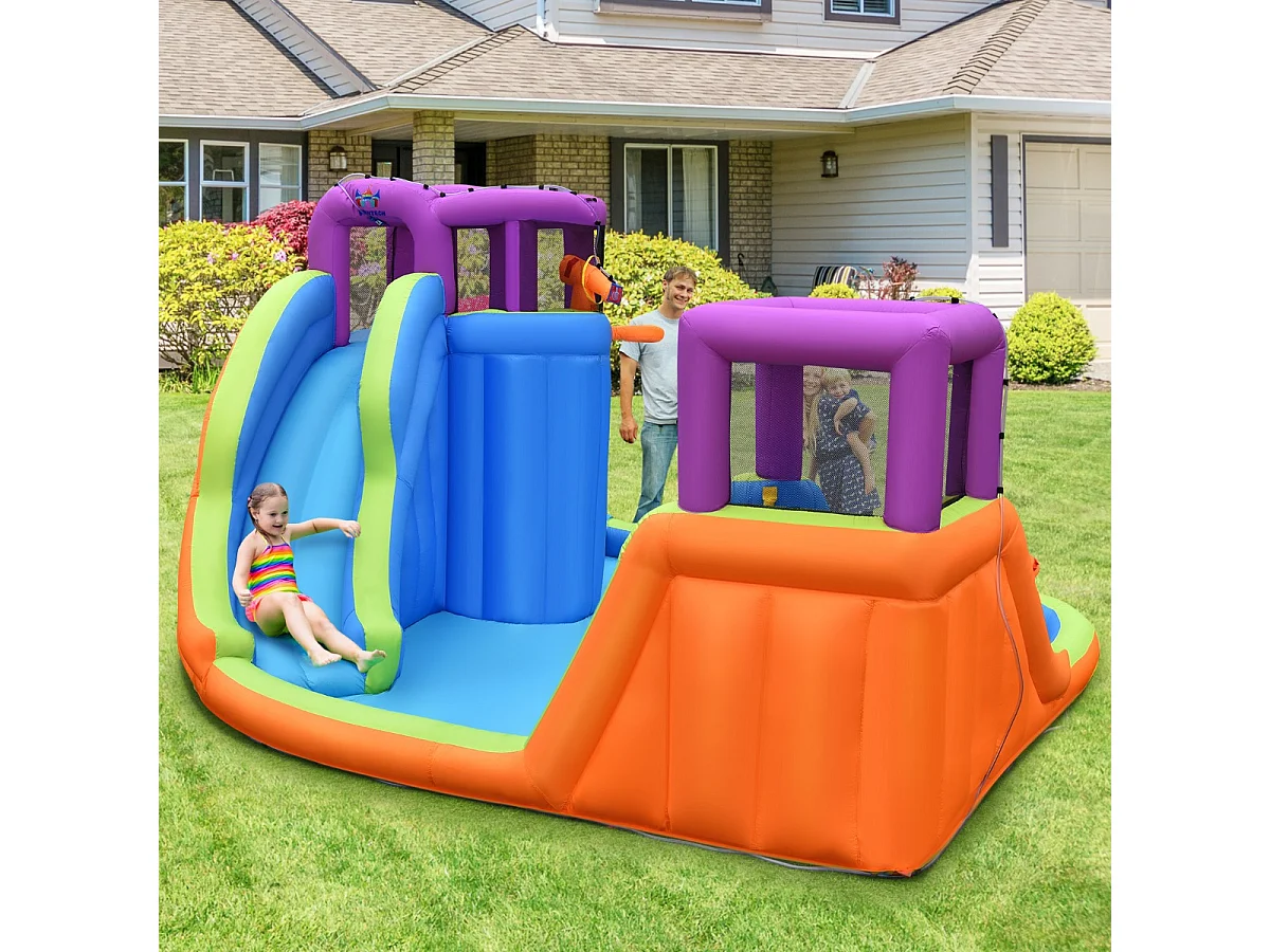 Parc Aquatique Gonflable Double Toboggan Aquatique avec 4 Arroseurs et 2 Pistolets à Eau et Piscine à Éclaboussures avec Mur d'Escalade