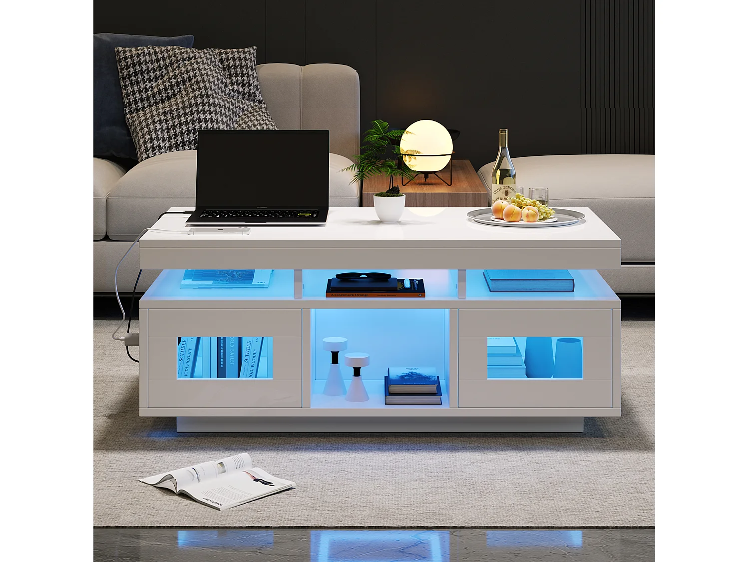 Table basse haute brillance 100x50x43cm - avec 2 portes - éclairage LED – avec port de charge et prise – Blanc