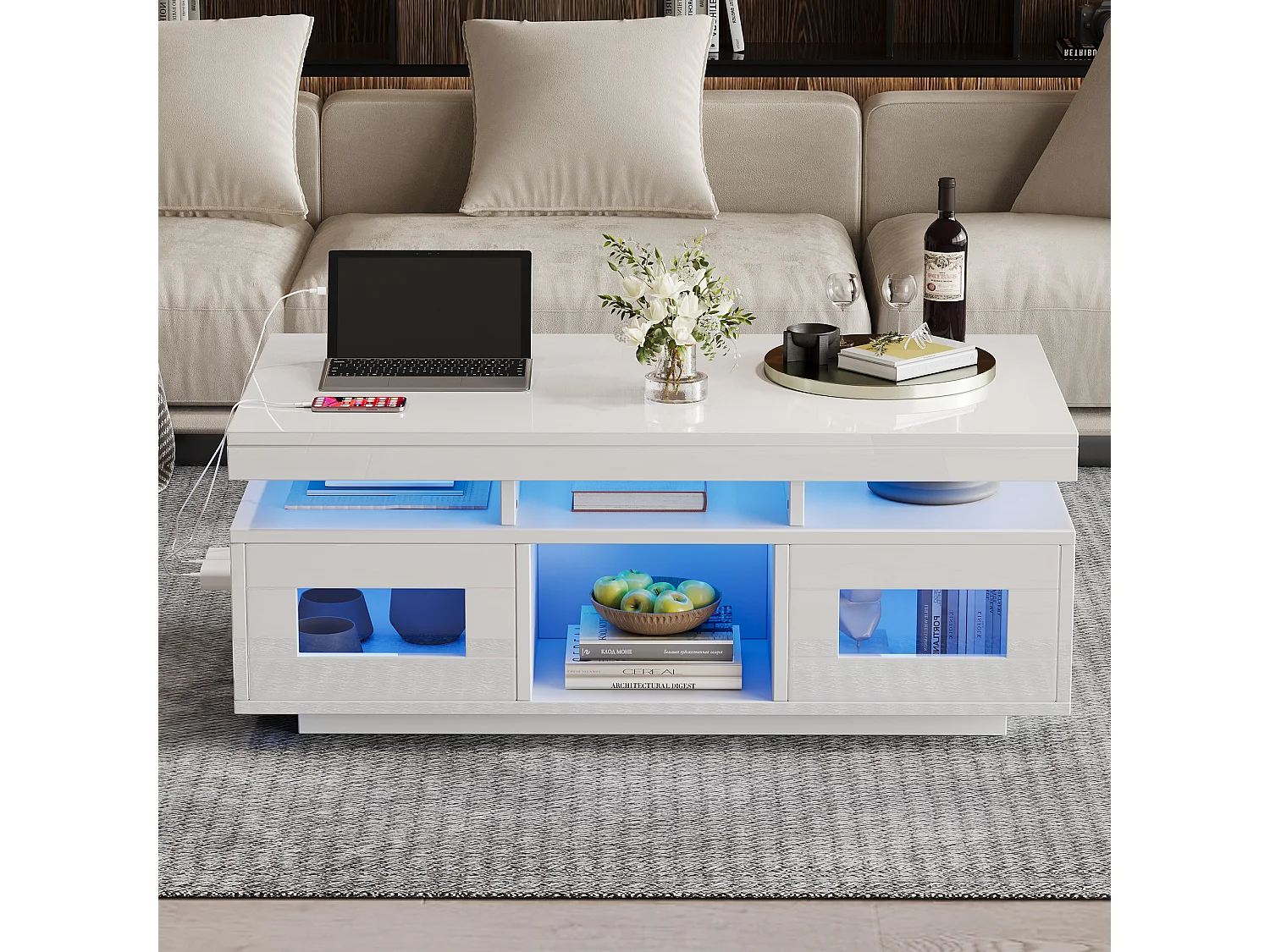 Table basse haute brillance 100x50x43cm - avec 2 portes - éclairage LED – avec port de charge et prise – Blanc