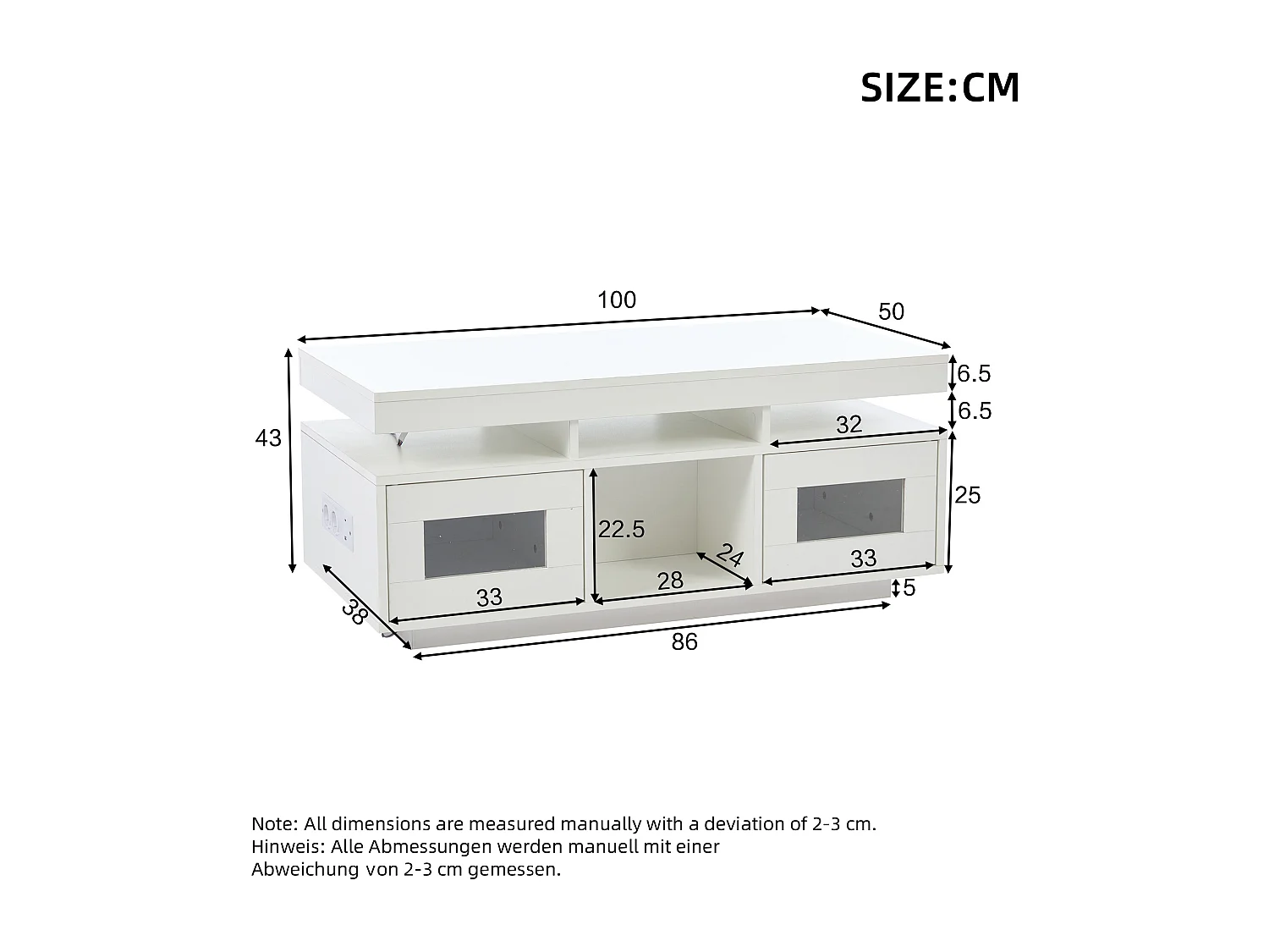 Table basse haute brillance 100x50x43cm - avec 2 portes - éclairage LED – avec port de charge et prise – Blanc