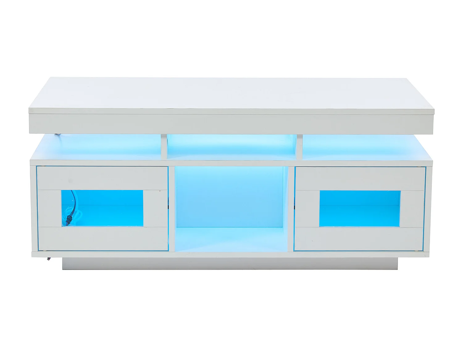 Table basse haute brillance 100x50x43cm - avec 2 portes - éclairage LED – avec port de charge et prise – Blanc