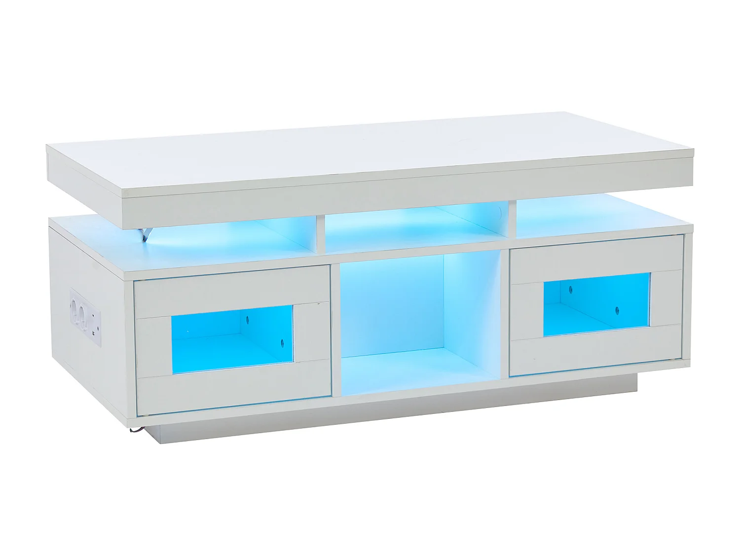 Table basse haute brillance 100x50x43cm - avec 2 portes - éclairage LED – avec port de charge et prise – Blanc