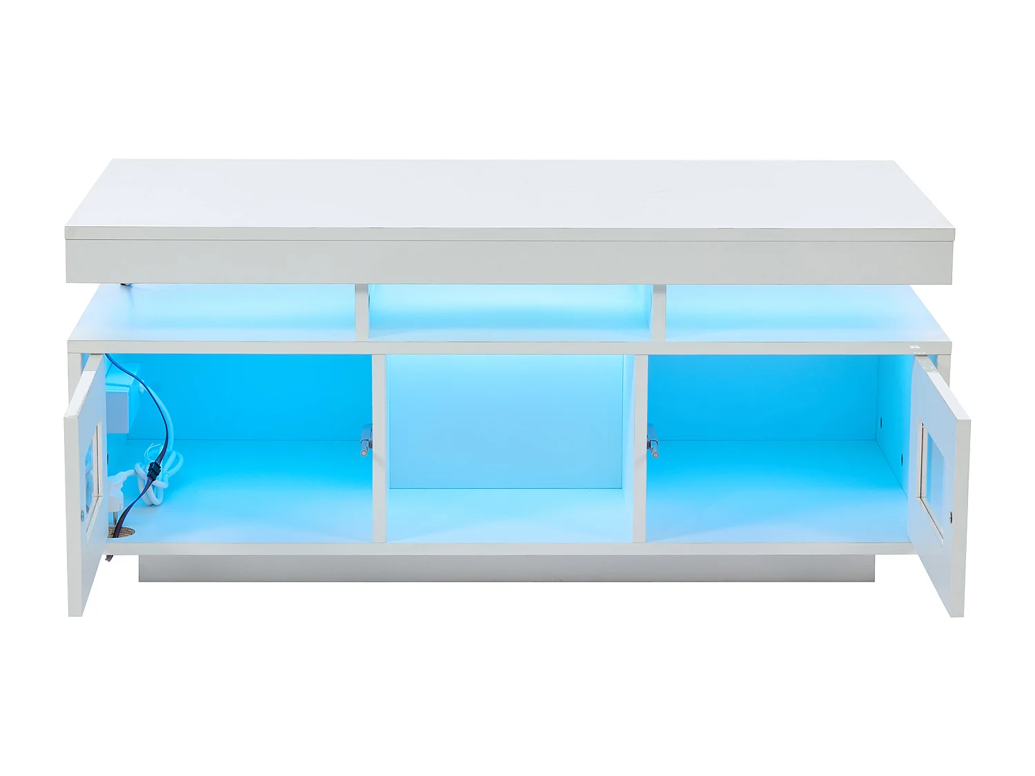 Table basse haute brillance 100x50x43cm - avec 2 portes - éclairage LED – avec port de charge et prise – Blanc
