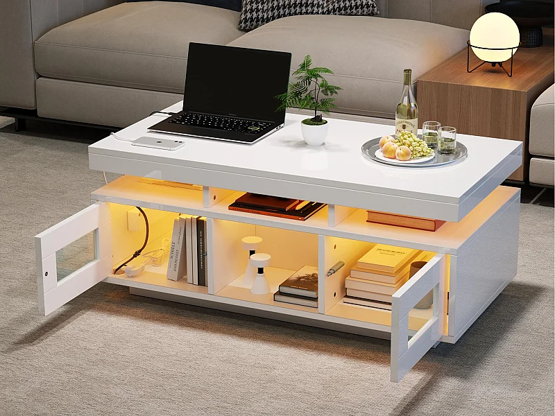 Table basse haute brillance 100x50x43cm - avec 2 portes - éclairage LED – avec port de charge et prise – Blanc