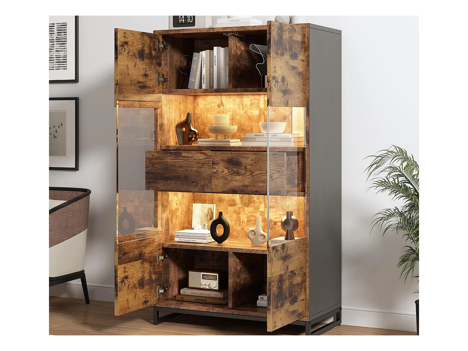 Vitrine 80x40x138cm - avec éclairage LED - avec 2 tiroirs et 2 portes - avec panneau acrylique - marron