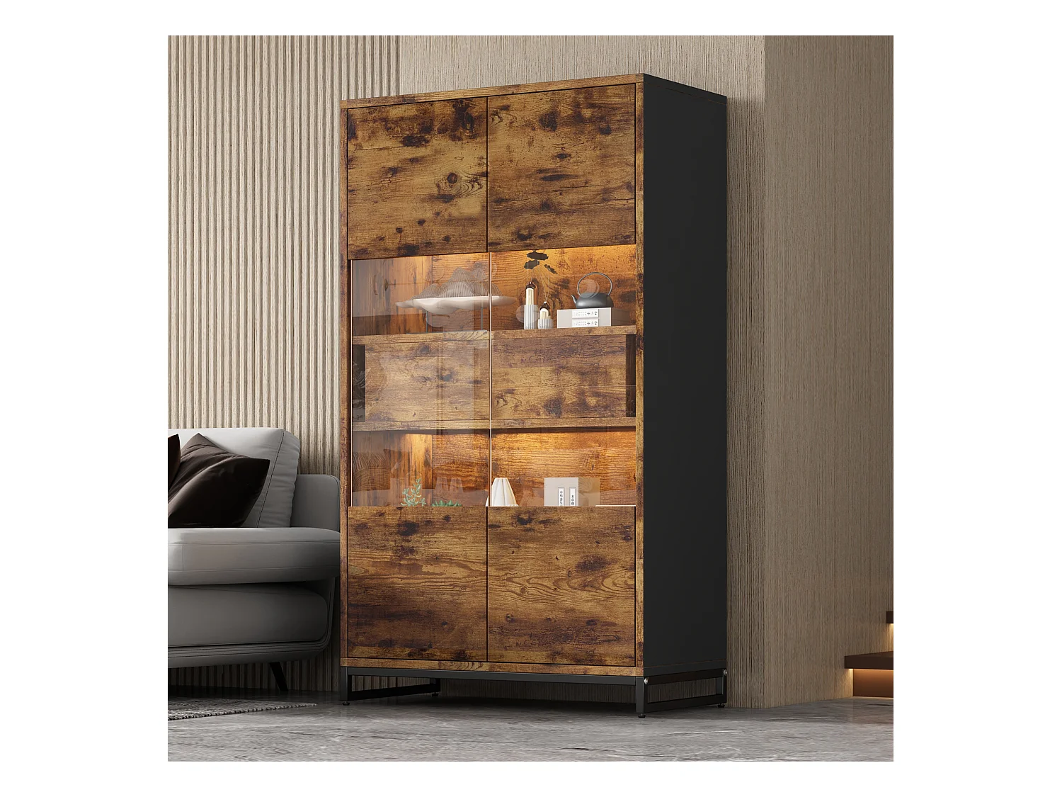 Vitrine 80x40x138cm - avec éclairage LED - avec 2 tiroirs et 2 portes - avec panneau acrylique - marron