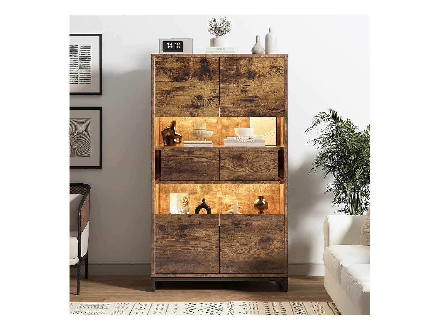 Vitrine 80x40x138cm - avec éclairage LED - avec 2 tiroirs et 2 portes - avec panneau acrylique - marron