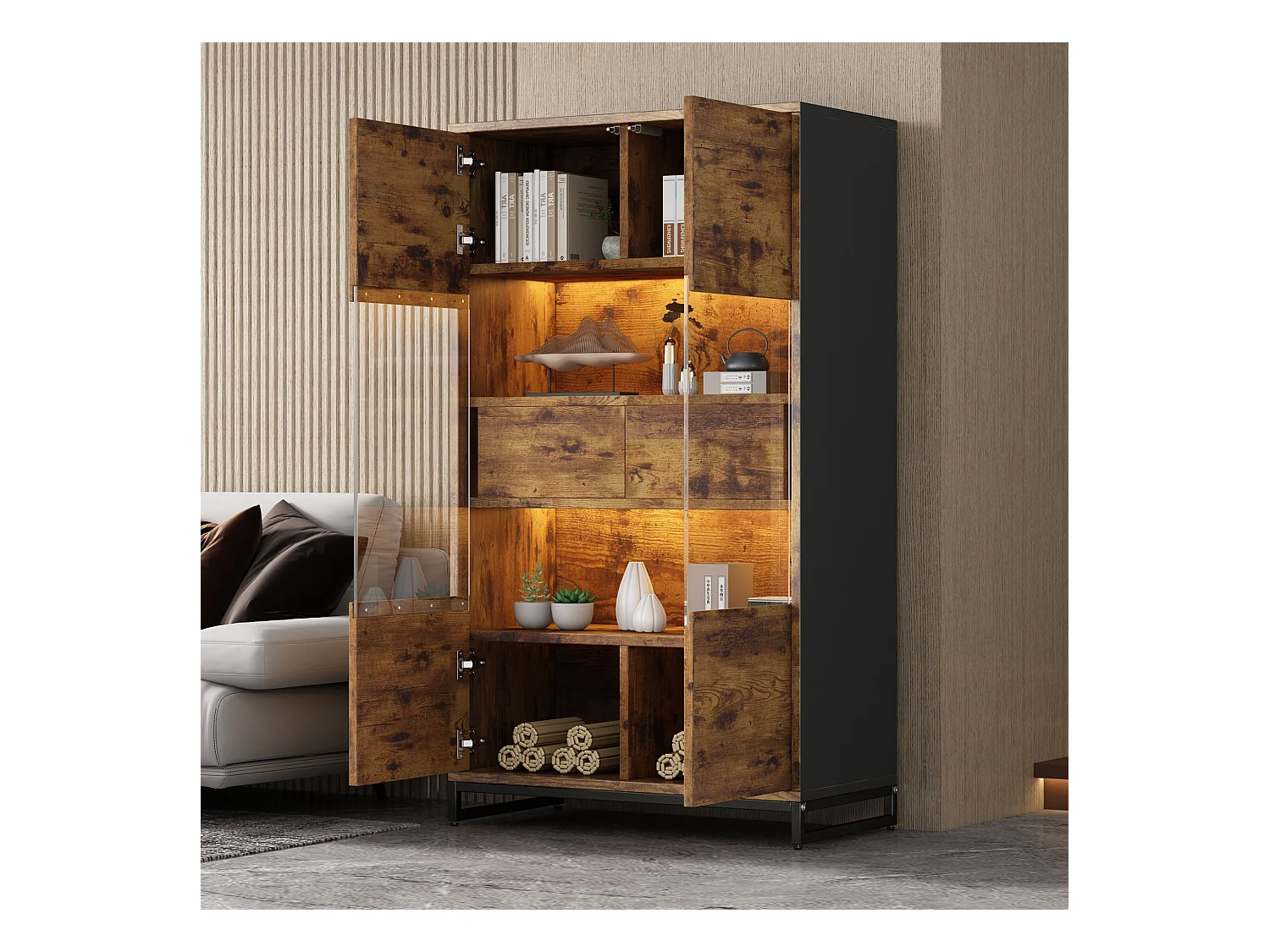 Vitrine 80x40x138cm - avec éclairage LED - avec 2 tiroirs et 2 portes - avec panneau acrylique - marron