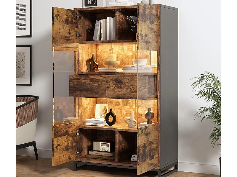 Vitrine 80x40x138cm - avec éclairage LED - avec 2 tiroirs et 2 portes - avec panneau acrylique - marron