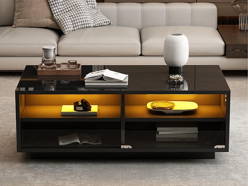 Mesa de centro 94x50x34cm - com 2 gavetas - com iluminação LED - preta