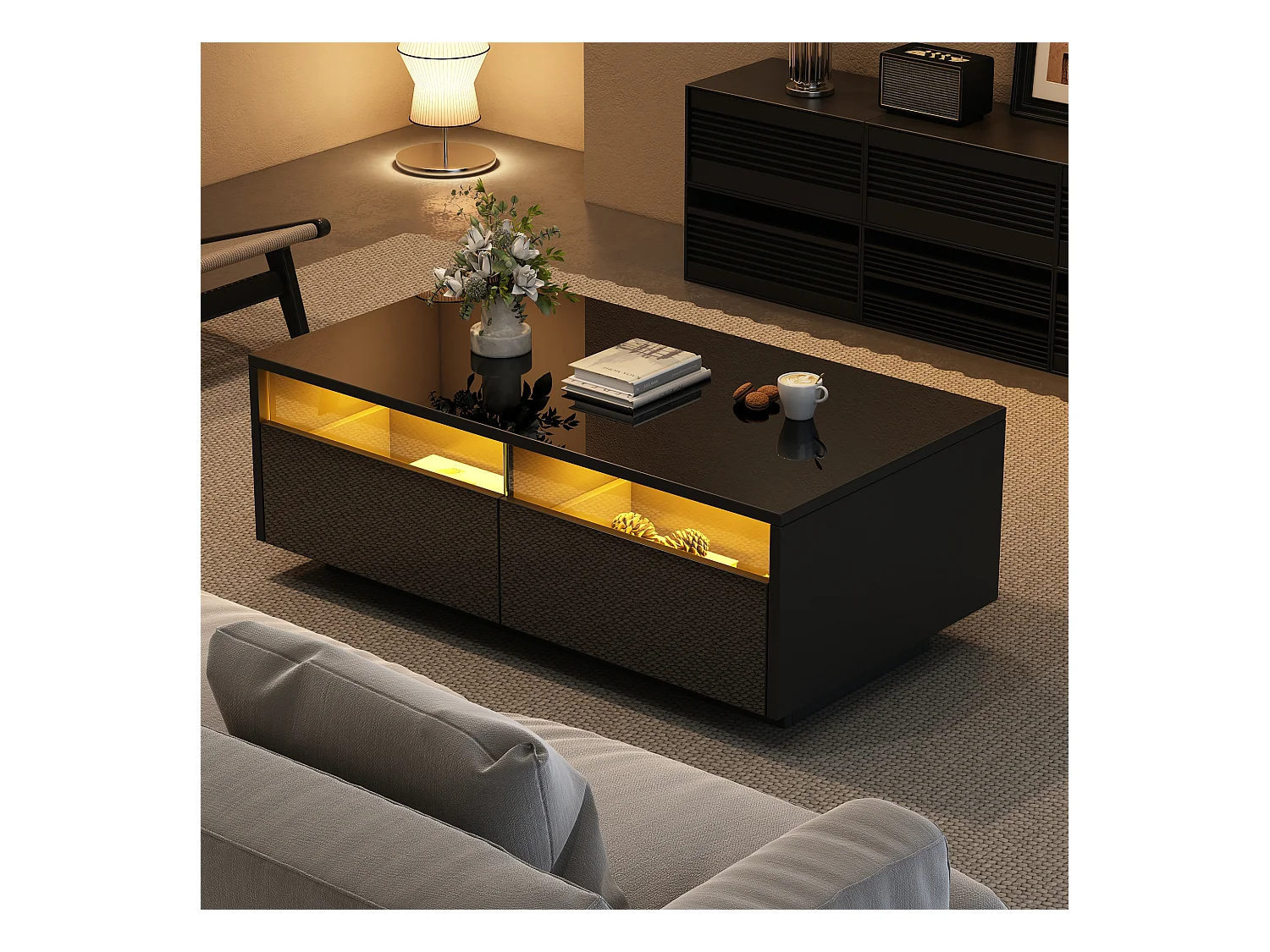 Stół kawowy 94x50x34cm - z 2 szufladami - z oświetleniem LED - czarny