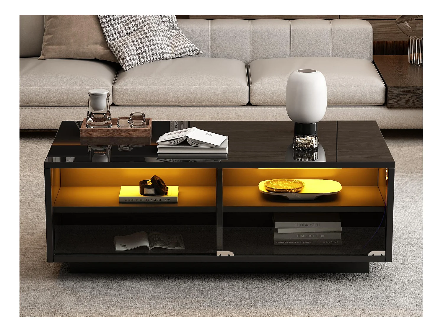 Table basse 94x50x34cm - avec 2 tiroirs - avec éclairage LED - noir