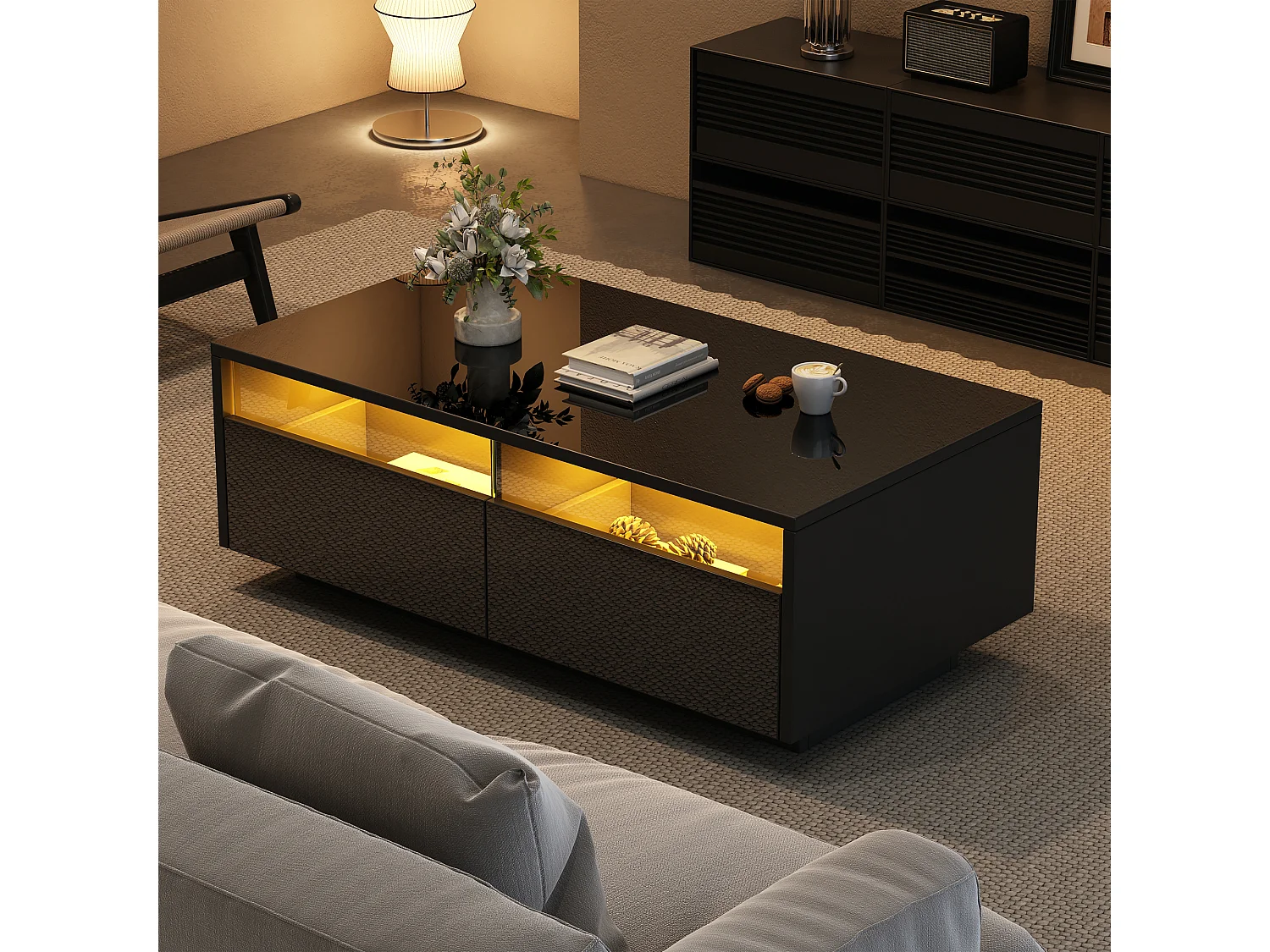 Table basse 94x50x34cm - avec 2 tiroirs - avec éclairage LED - noir