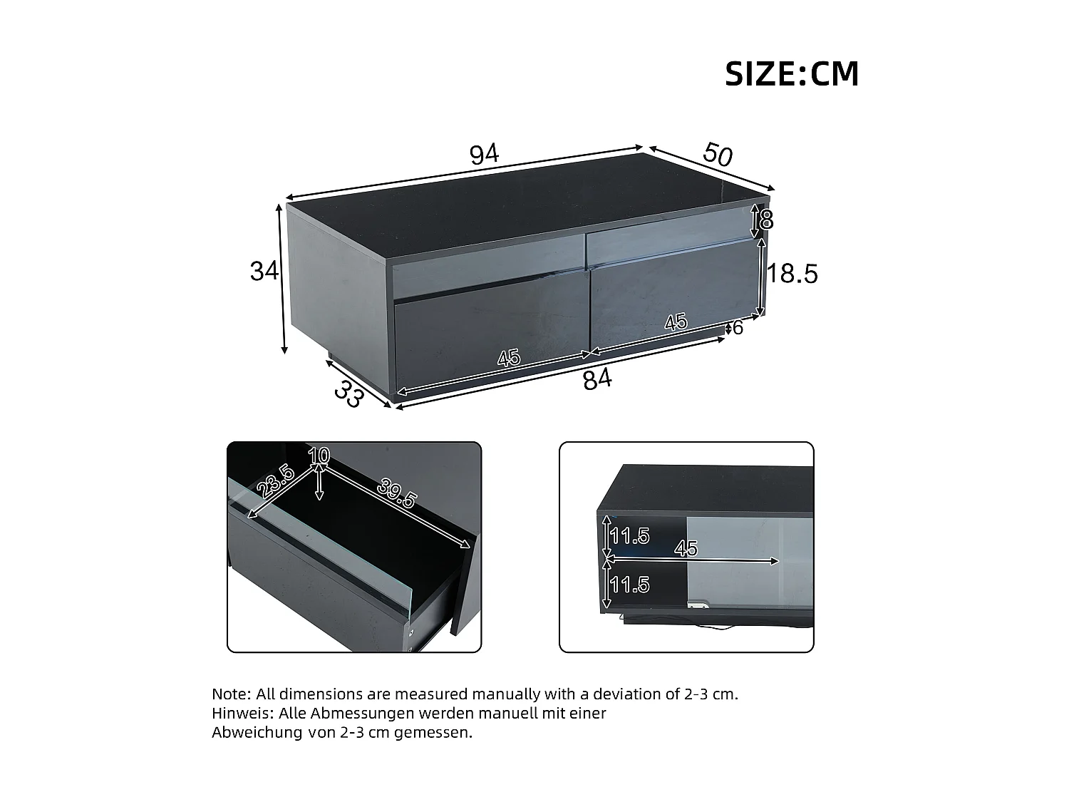 Table basse 94x50x34cm - avec 2 tiroirs - avec éclairage LED - noir