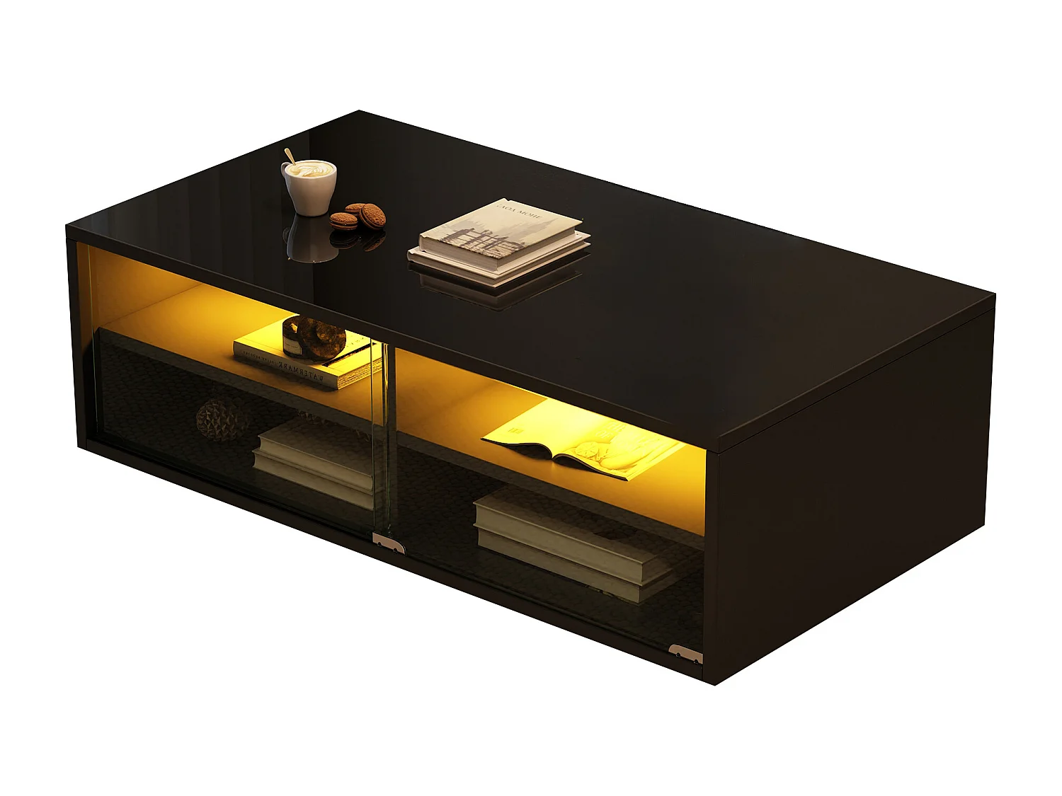 Table basse 94x50x34cm - avec 2 tiroirs - avec éclairage LED - noir