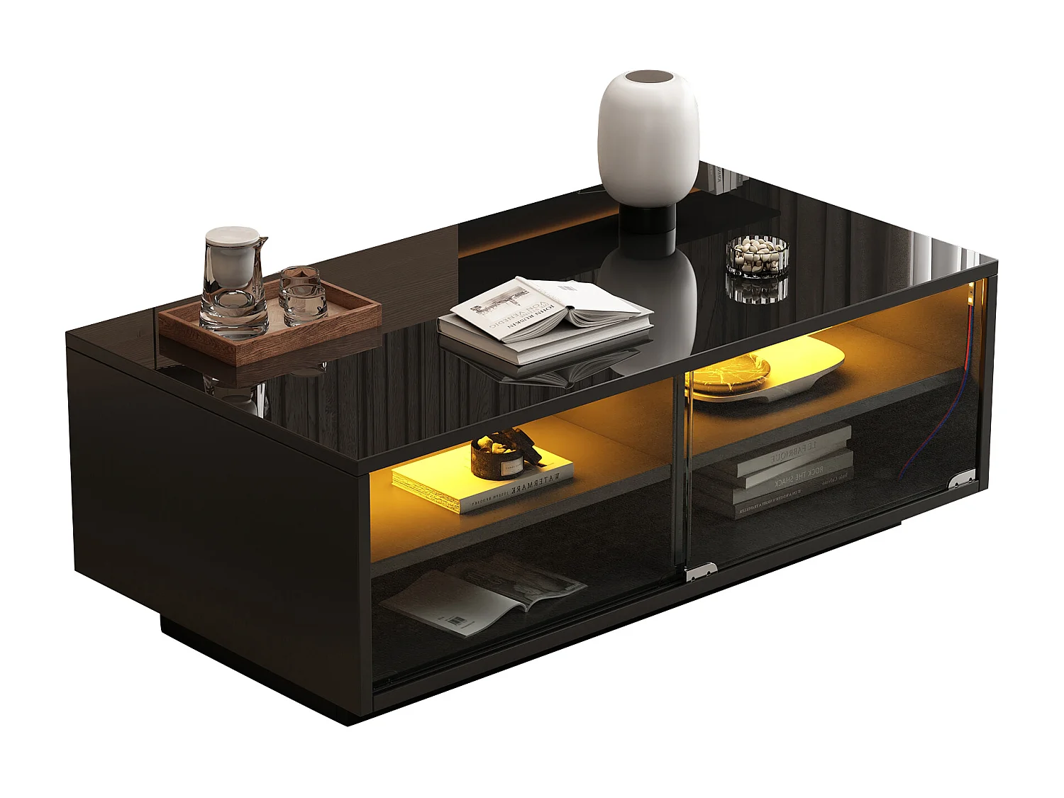 Table basse 94x50x34cm - avec 2 tiroirs - avec éclairage LED - noir