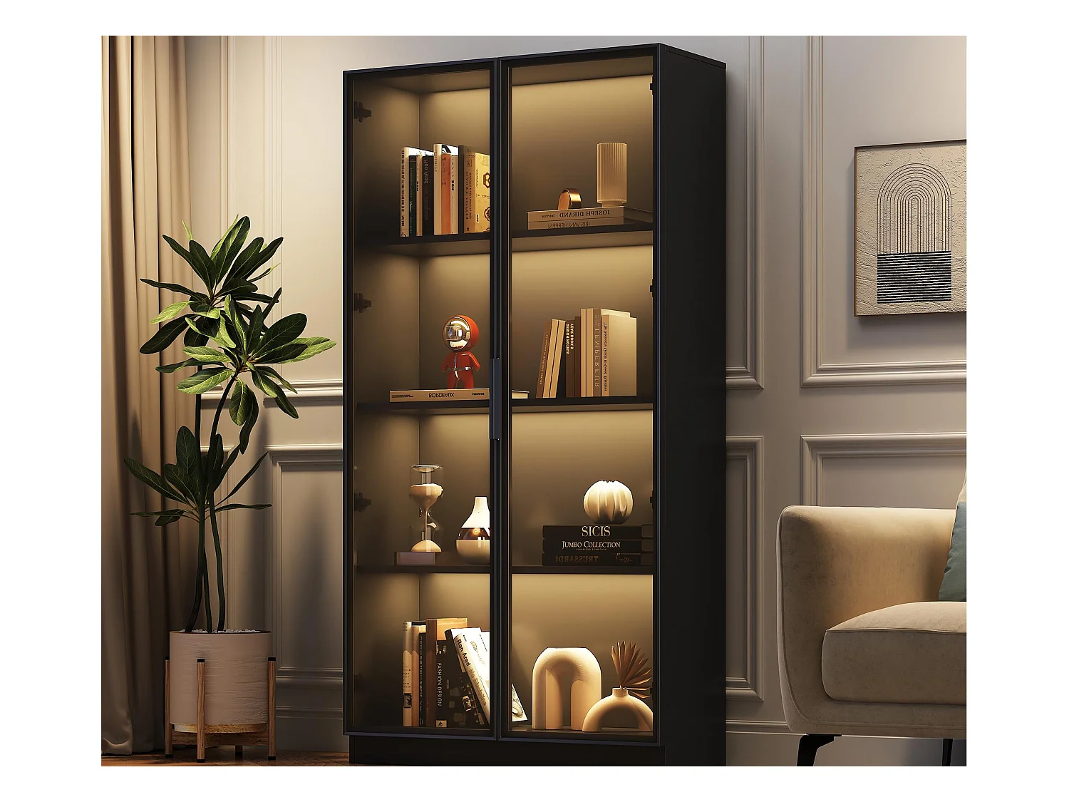 Glazen vitrine 80x40x160 cm - met LED-verlichting - met verstelbare planken - met 2 deuren - zwart