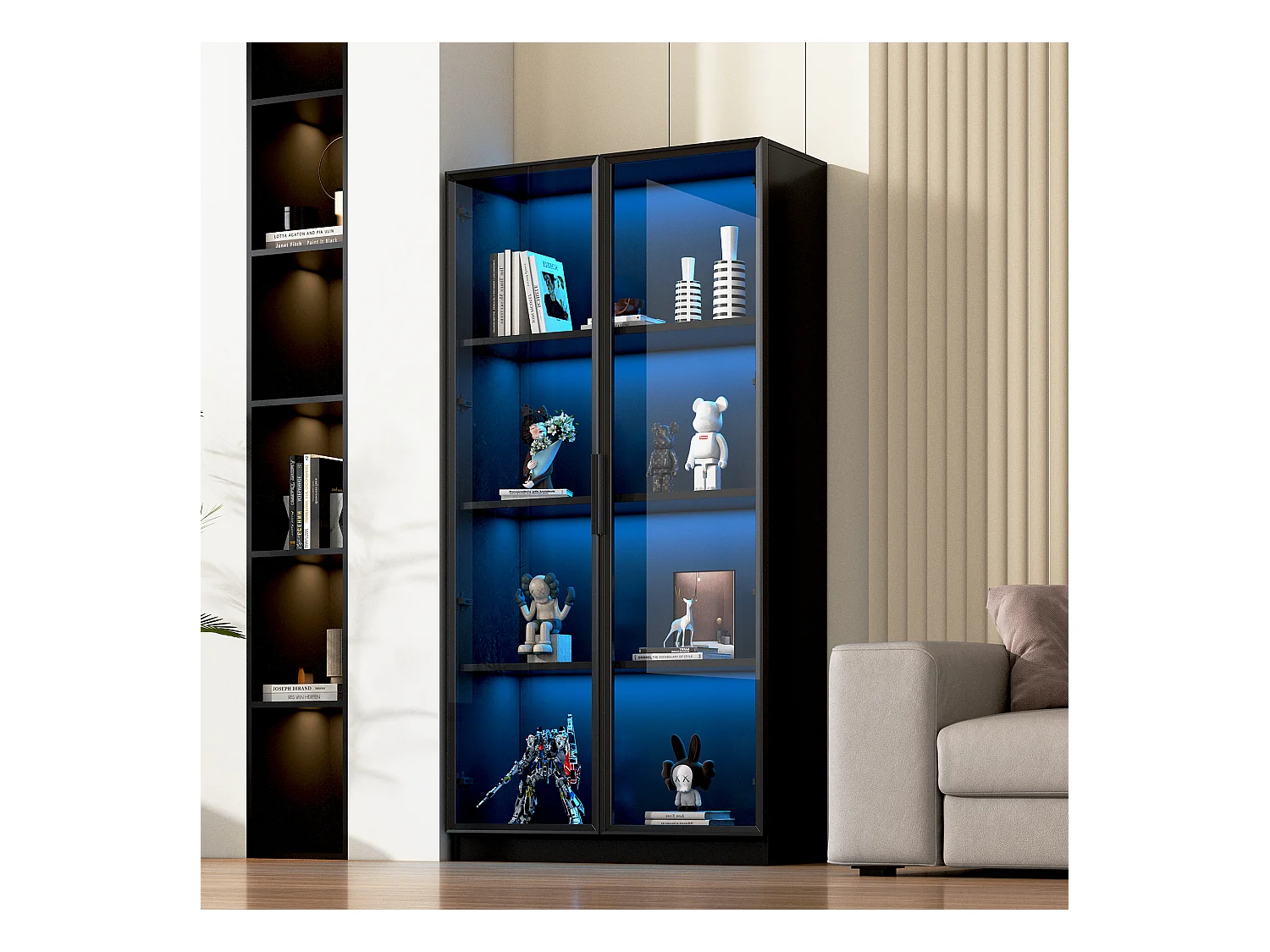 Glazen vitrine 80x40x160 cm - met LED-verlichting - met verstelbare planken - met 2 deuren - zwart