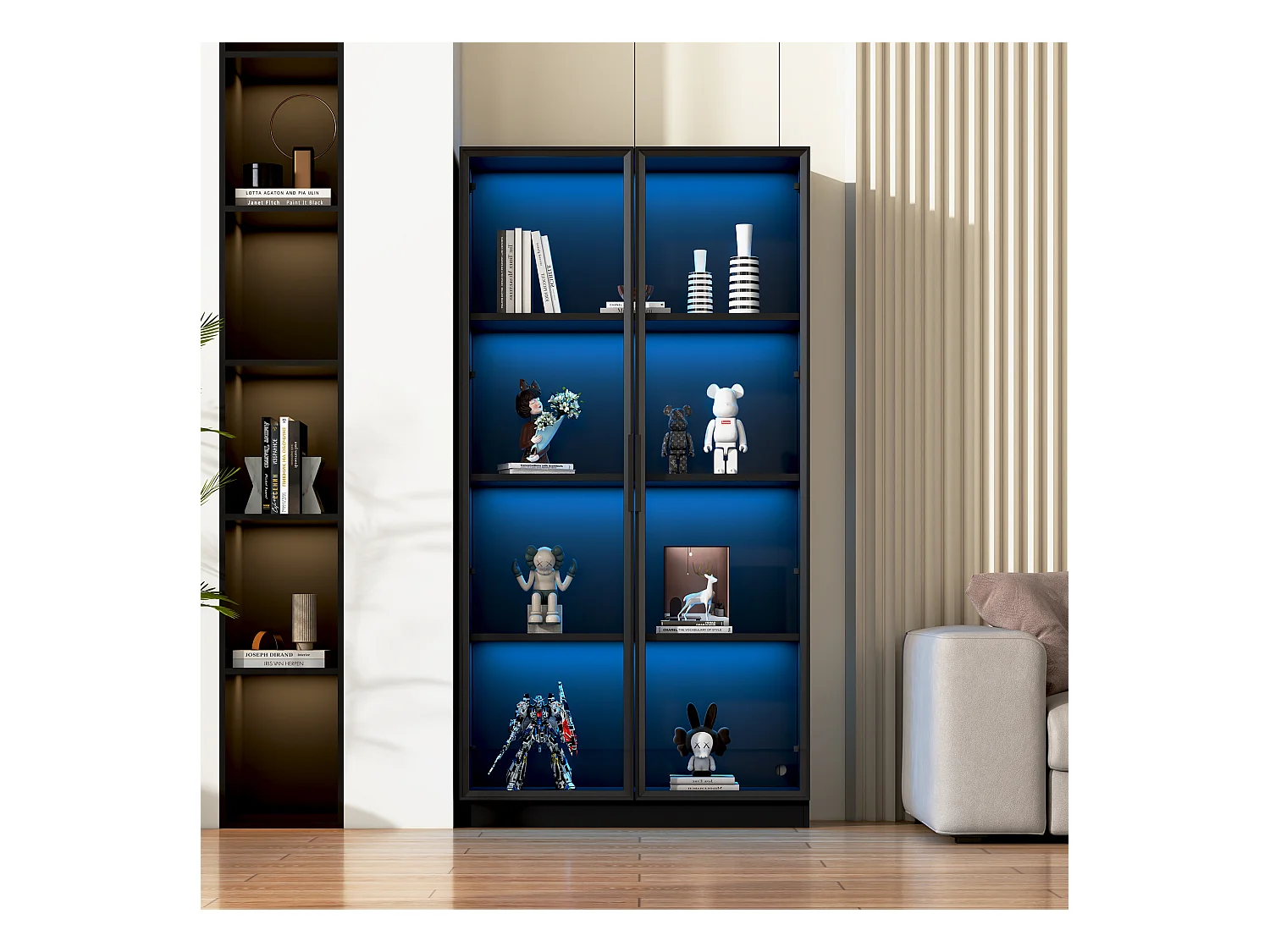 Glazen vitrine 80x40x160 cm - met LED-verlichting - met verstelbare planken - met 2 deuren - zwart