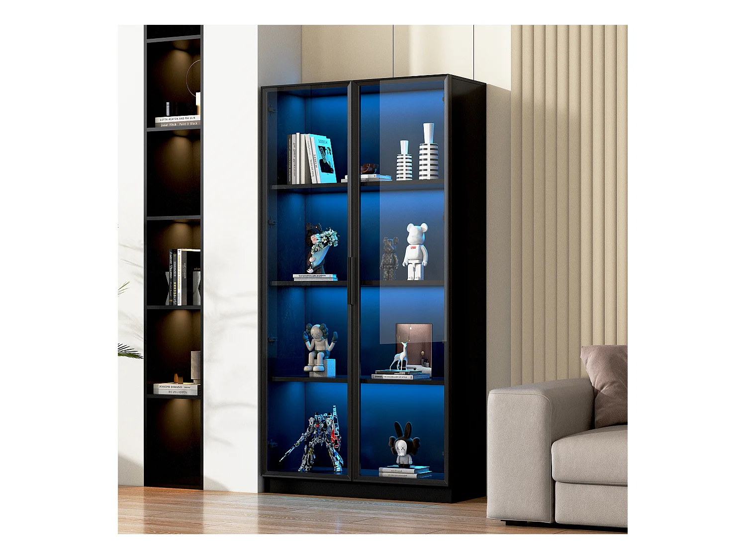Glazen vitrine 80x40x160 cm - met LED-verlichting - met verstelbare planken - met 2 deuren - zwart