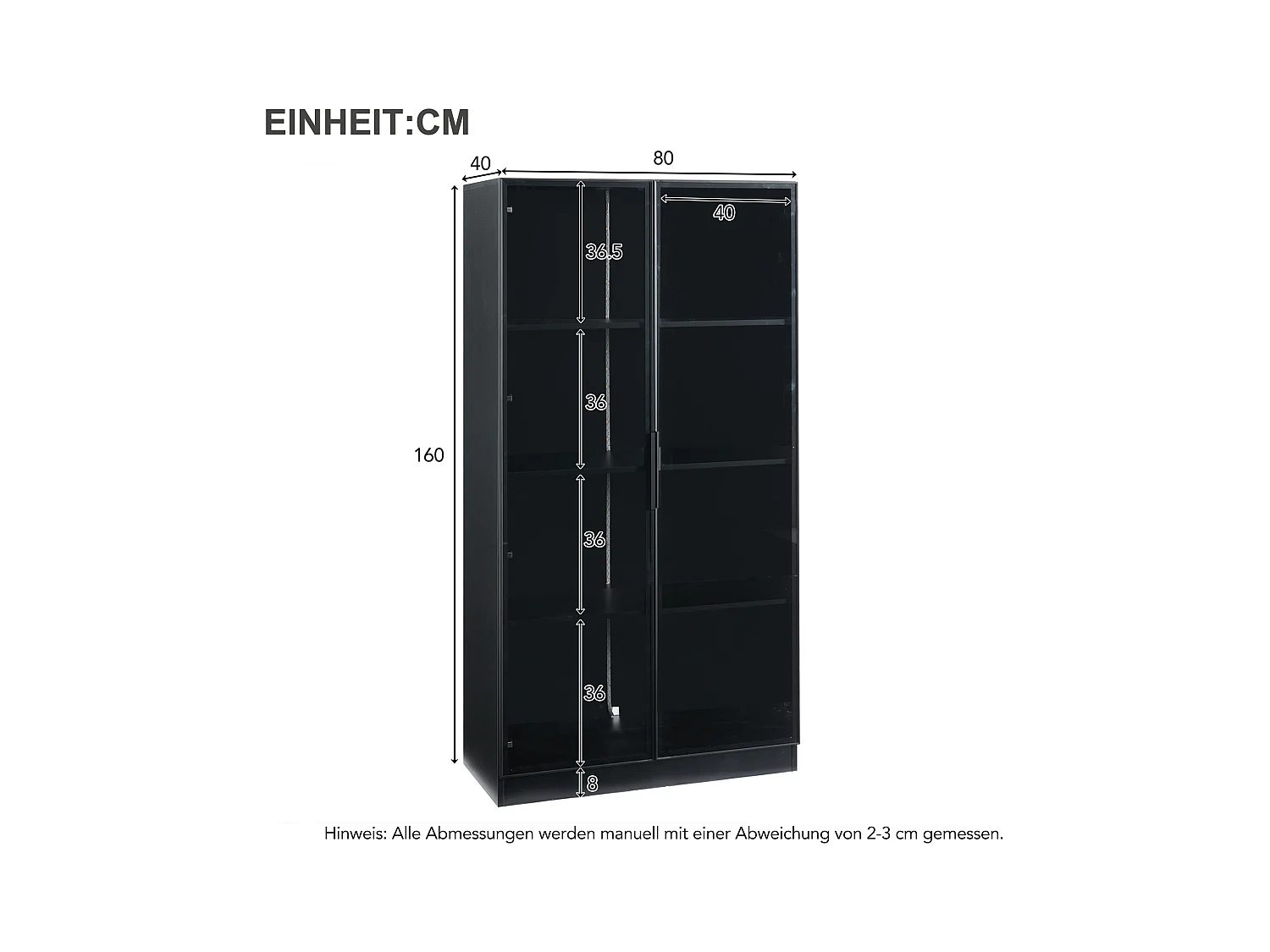 Glazen vitrine 80x40x160 cm - met LED-verlichting - met verstelbare planken - met 2 deuren - zwart