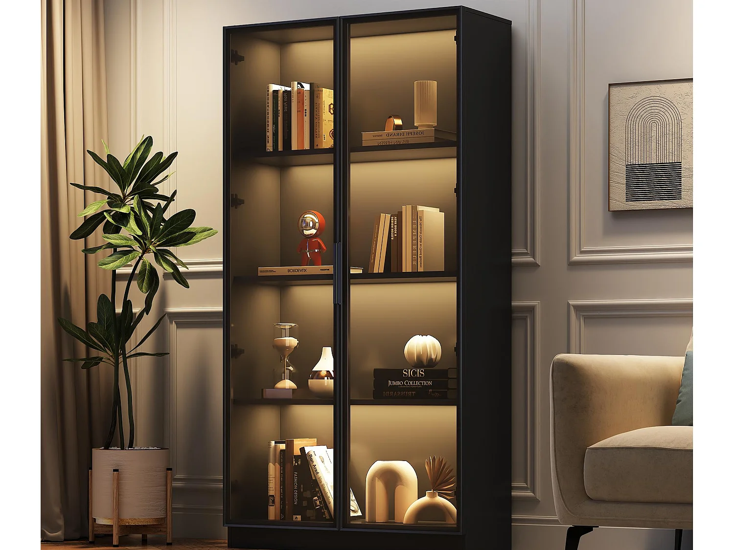 Vitrine en verre 80x40x160 cm - avec éclairage LED - avec étagères mobiles - avec 2 portes - noir