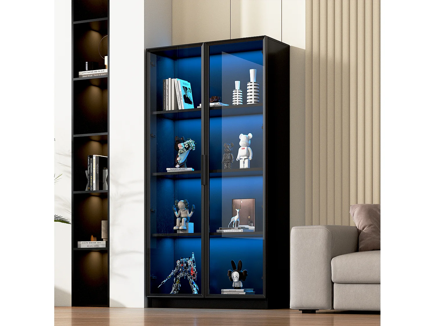 Vitrine en verre 80x40x160 cm - avec éclairage LED - avec étagères mobiles - avec 2 portes - noir
