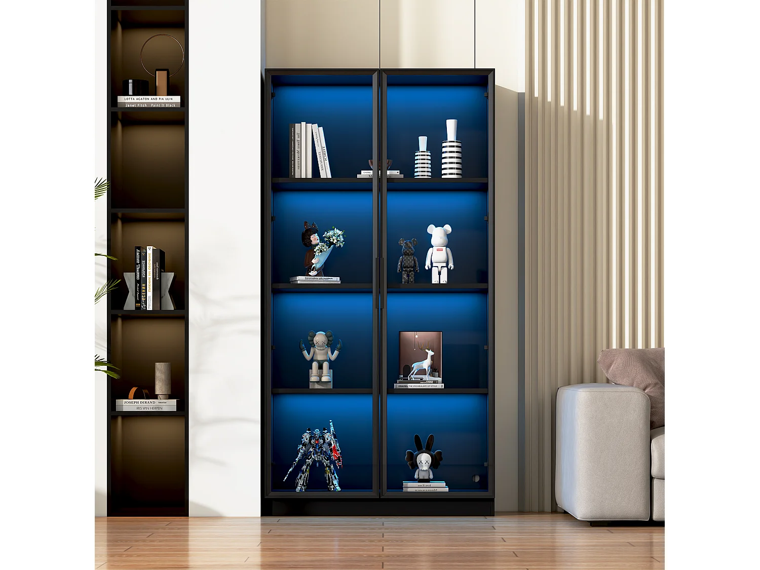 Vitrine en verre 80x40x160 cm - avec éclairage LED - avec étagères mobiles - avec 2 portes - noir