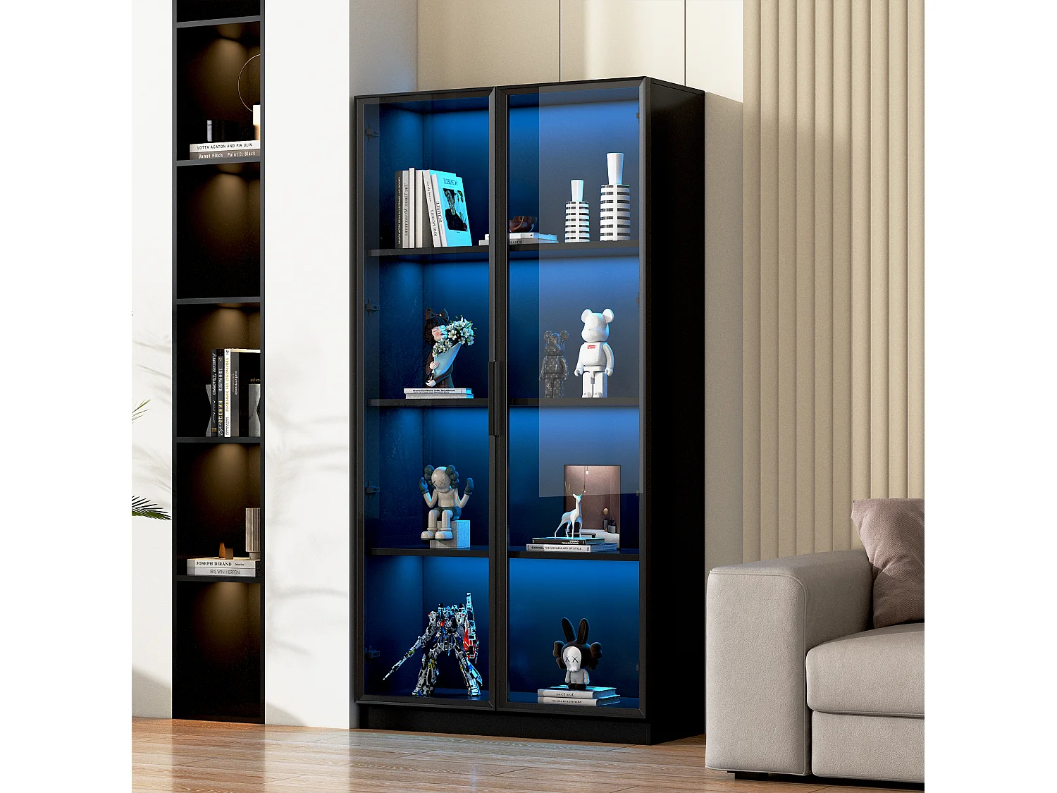 Vitrine en verre 80x40x160 cm - avec éclairage LED - avec étagères mobiles - avec 2 portes - noir