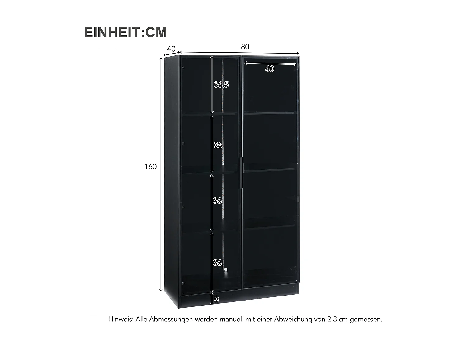 Vitrine en verre 80x40x160 cm - avec éclairage LED - avec étagères mobiles - avec 2 portes - noir