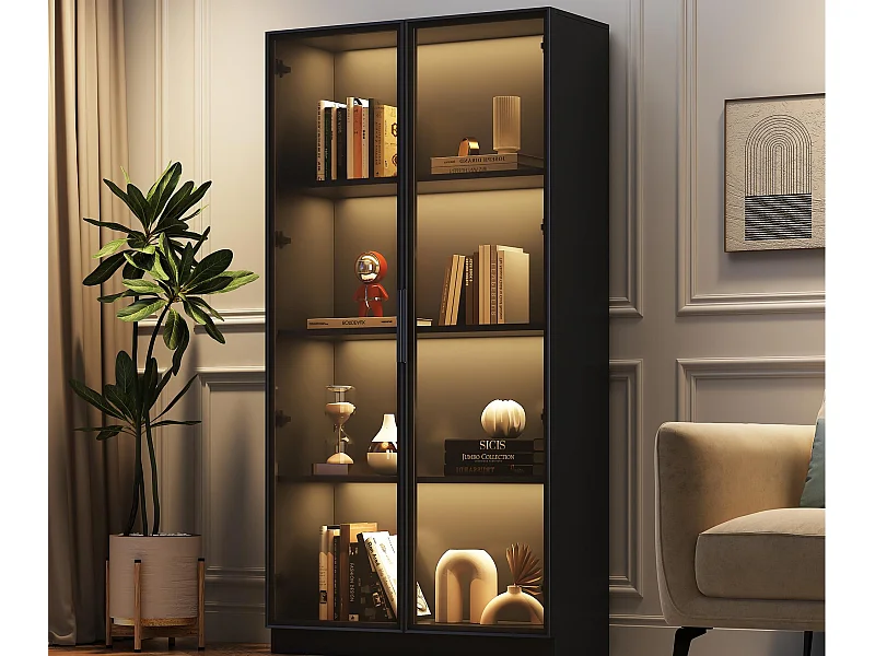 Vitrine en verre 80x40x160 cm - avec éclairage LED - avec étagères mobiles - avec 2 portes - noir